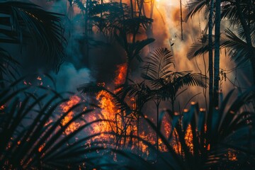 A tropical forest caught on uncontrollable fire.