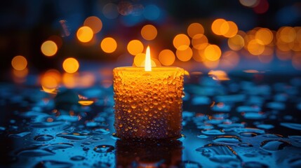 A solitary candle with droplets of water on its surface gleaming against a blurred background of warm bokeh lights, creating a serene and tranquil atmosphere