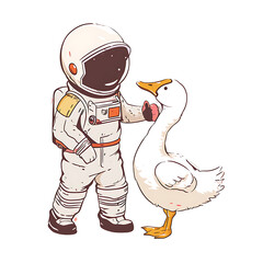 Wall Mural - Astronaut Cartoon with a Cute Little Goose