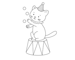 Wall Mural - Outline cute circus cat with balls. Funny animal. Hand drawn isolated line illustration for coloring book