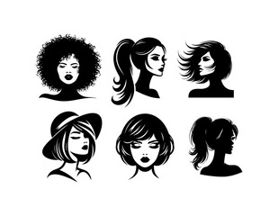 Set of silhouettes, adult female face vector illustrations collection