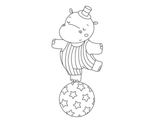 Wall Mural - Outline cute circus hippo on ball. Funny animal. Hand drawn isolated line illustration for coloring book