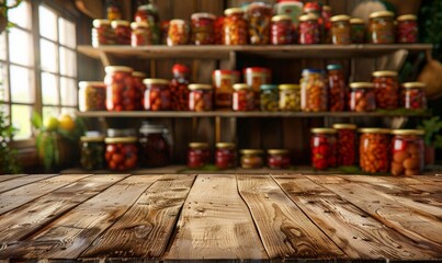 Wall Mural - mockup Empty wooden table against the blurred background of the modern kitchen or cellar with shelves on which there are cans of canned vegetables, mushrooms and jam. The concept of autumn harvesting.