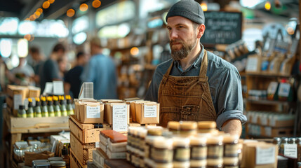 Bearded vendor at market stall selling various goods, focusing on local and handmade products in a lively atmosphere.