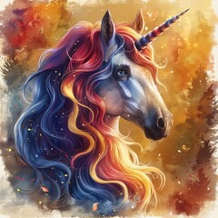 Wall Mural - Cute pink unicorn, rainbow watercolor