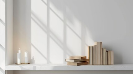 Poster - Books beside light on table against white wall vertical with empty space