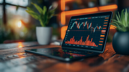 Poster - Tablet screen with stock price chart, stock market and trading success, detailed financial graph, modern background