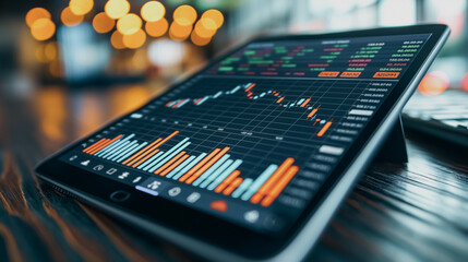 Poster - Graph of stock prices on tablet display, stock market and trading concepts, business environment