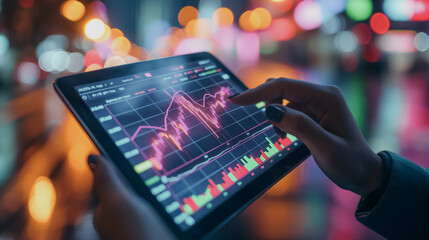 Poster - Tablet screen showing financial market graph, stock trading themes, rising stock prices, professional look, detailed chart