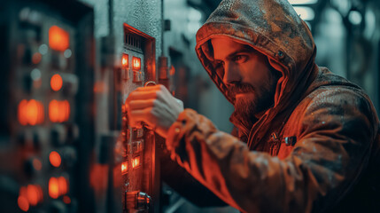 Poster - A man in a hoodie is working on a machine with a lot of lights on. The lights are red and orange, creating a moody atmosphere