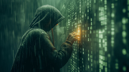 Poster - A man in a hoodie is trying to break into a computer system. The image has a dark and ominous mood, with the man's hoodie and the rain adding to the sense of danger and secrecy