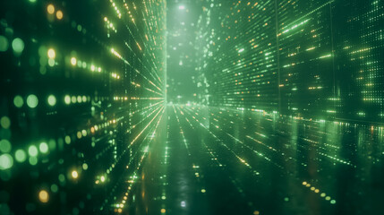 Poster - A green, neon-lit room with a lot of dots and lines. The room is filled with a lot of light and the walls are covered in a pattern of dots