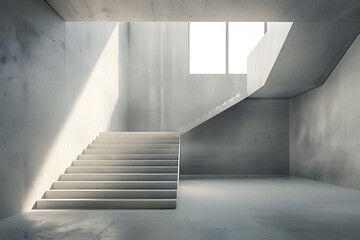 Wall Mural - abstract empty modern concrete room with stairs indirect light from the left and rough floor industrial interior background template