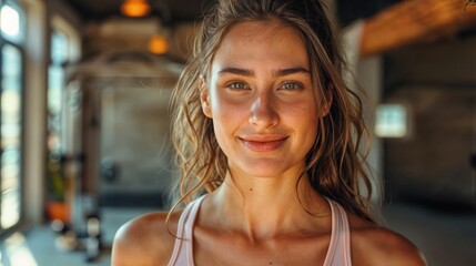 Wall Mural - a young woman with a bright smile and a casual hairstyle. In the gym. Close-up. 