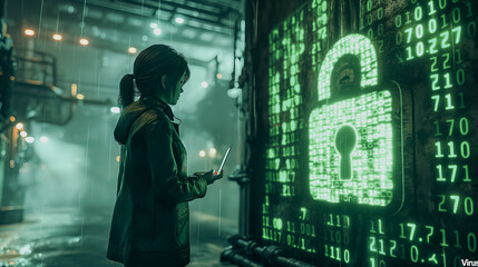Poster - A woman is looking at a green screen with a lock on it. She is holding a cell phone in her hand
