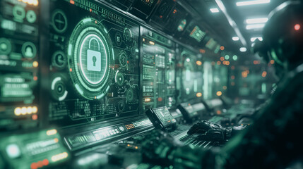 Poster - a man is sitting in front of a computer monitor with a green lock symbol on it. the room is filled w