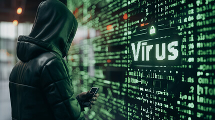 Poster - A man is looking at a computer screen with the word Virus on it. He is holding a cell phone in his hand