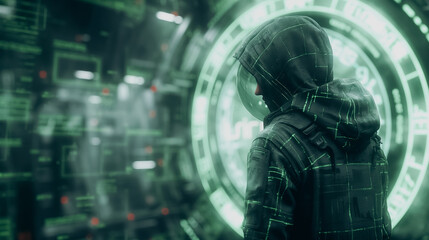 Poster - A man in a hoodie stands in front of a green circle with a green background. The man is looking at the camera