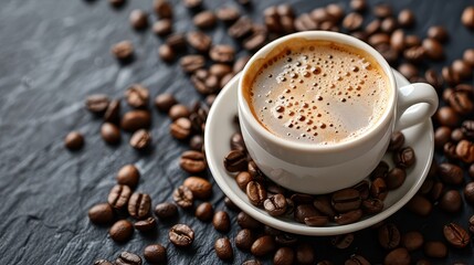 Wall Mural - Coffee cup and scattered coffee beans on dark background