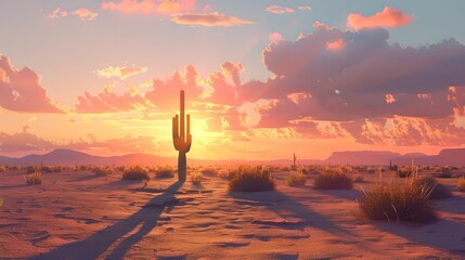 Wall Mural - Solitary Saguaro Sunset, Desert, Cactus, Sky, Tranquil