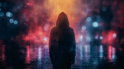 Poster - A person is standing in the rain with a hood over their head. The scene is set in a city with bright lights and a blurry background. Scene is mysterious and somewhat ominous, as the person is alone