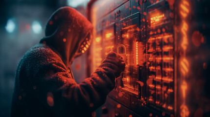 Poster - A man in a hoodie is trying to open a locked door. The image has a dark and mysterious mood, with the man's hoodie and the locked door creating a sense of danger and suspense