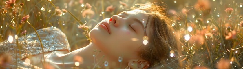 A woman is laying in a field of flowers, with her eyes closed