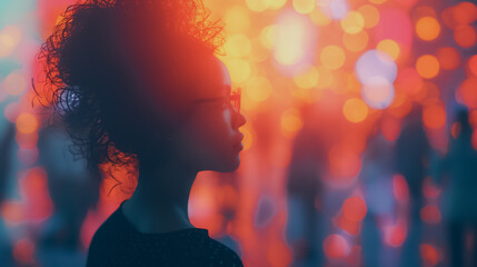 Sticker - A woman with curly hair and glasses is looking at the camera. The image has a moody and mysterious feel to it, as the woman's gaze seems to be focused on something beyond the frame