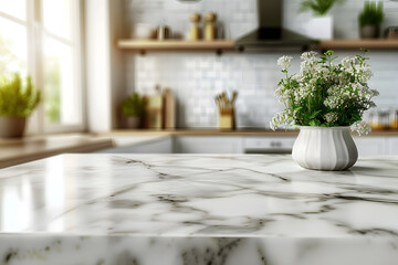 selective focus marble table top on blur white kitchen room background f