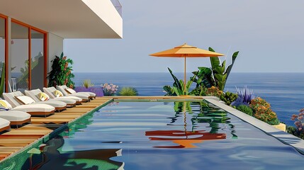 Poster -   Long pool beside ocean with chairs and umbrella