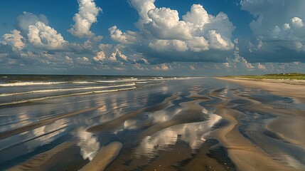 Canvas Print -  A beach view with waves crashing into the shore and cloudy skies above the water and sand