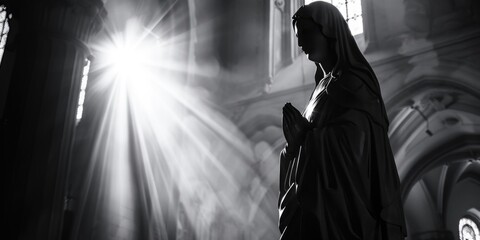 Poster - A black and white photograph of a statue in a peaceful church setting