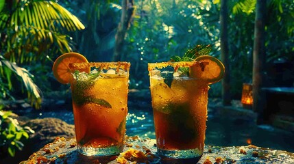 Poster -   A couple of drinks sit on a table together in front of a dense forest filled with tall trees