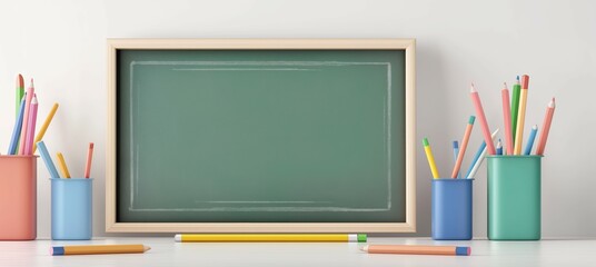 a classic chalkboard with colorful chalk, classroom items, realistic illustration, vibrant details, isolated on white background