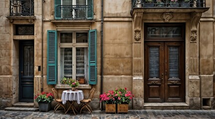 charming parisian street view with cafe table and colorful flowers