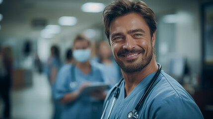 Poster - A smiling man in a blue scrubs is posing for a picture in a hospital. He is wearing a stethoscope and a mask
