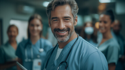 Poster - A man in a blue scrubs is smiling and holding a tablet. He is surrounded by other people in blue scrubs