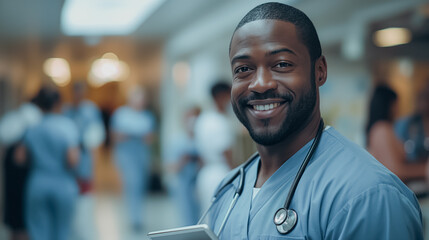 Poster - A smiling black man wearing a blue scrubs and holding a tablet. He is in a hospital setting