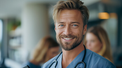 Poster - A man with a beard and a stethoscope is smiling. He is wearing a blue shirt and a blue apron