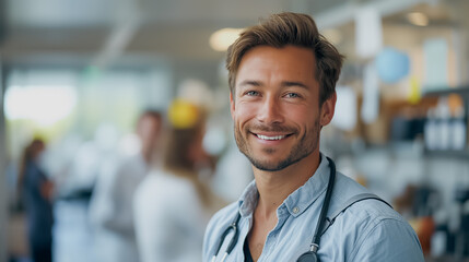 Poster - A man with a white lab coat is smiling and posing for a picture. He is wearing a stethoscope around his neck
