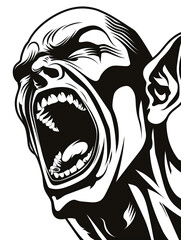 Wall Mural - A man with a demonic appearance is screaming. The image is black and white. The man's mouth is wide open, and his teeth are visible. Scene is intense and frightening