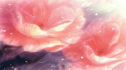 Poster -   A stunning watercolor depiction of two delicate pink blossoms against a vibrant backdrop of purples and droplets glistening on their petals