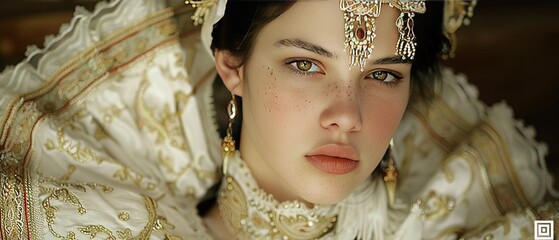 Canvas Print -   A person in a dress and headpiece with a veil is seen in a close-up photo