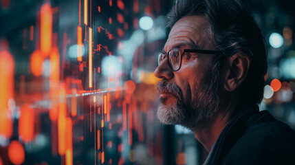 Poster - Businessman looking at a stock market graph on a big screen with an arrow pointing up and a rising bar chart growing upwards, representing financial growth concept in a city background.