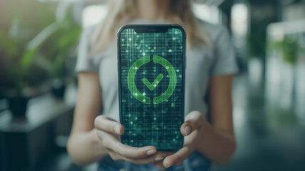 Poster - businesswoman holding phone with green check mark, finance app success, professional setting, corpor