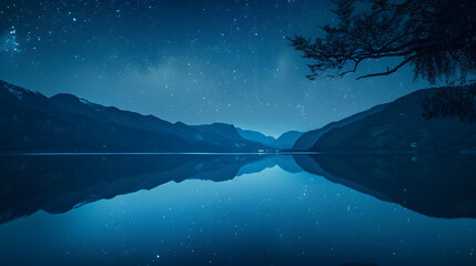 Wall Mural - serene lake under starlit night sky, reflecting distant mountains and capturing the calm beauty of n