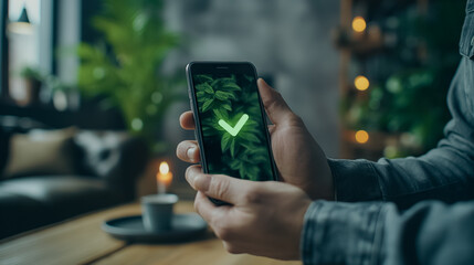 Poster - Business person using cell phone with green check mark on screen, financial success, professional office setting, sharp focus, modern technology