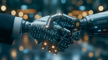 Poster - two business robots shaking hands against a digital technology network connection background, symbol
