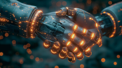 Poster - close-up of robot hands in a handshake on a futuristic digital background with glowing dots and line