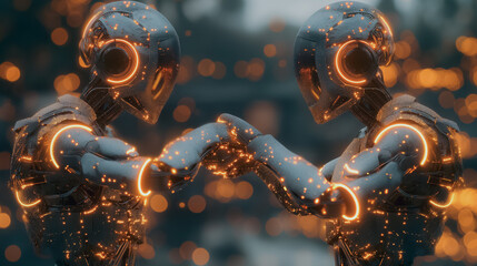Poster - Robots in a firm handshake on a digital backdrop filled with glowing dots and lines, illustrating technology network connections in business